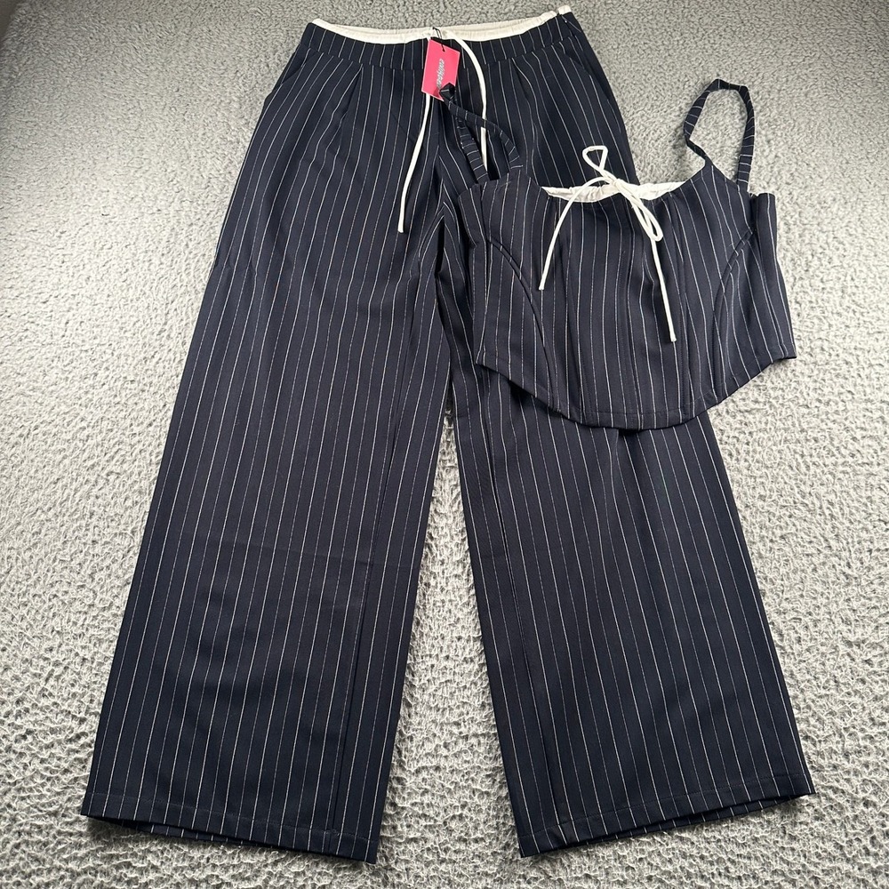 Edikted Navy Pinstripe Two-Piece Pantsuit with White Trim